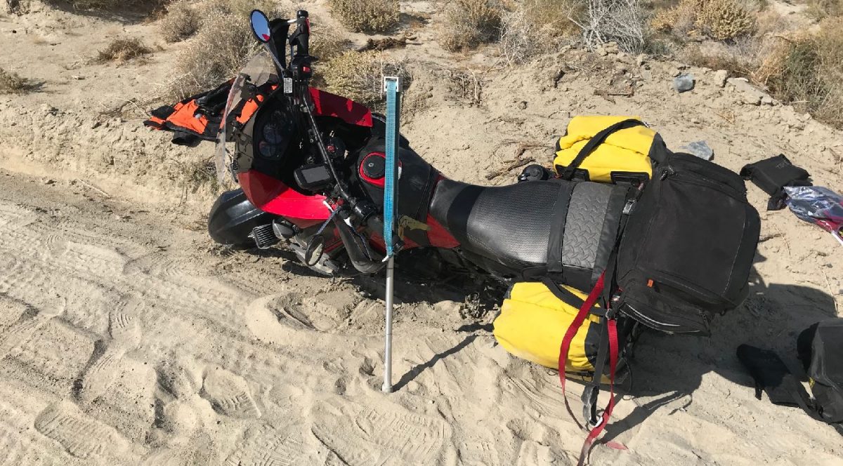 Eastbound MotoWinch the motorcyle jack to lift a dropped motorcycle